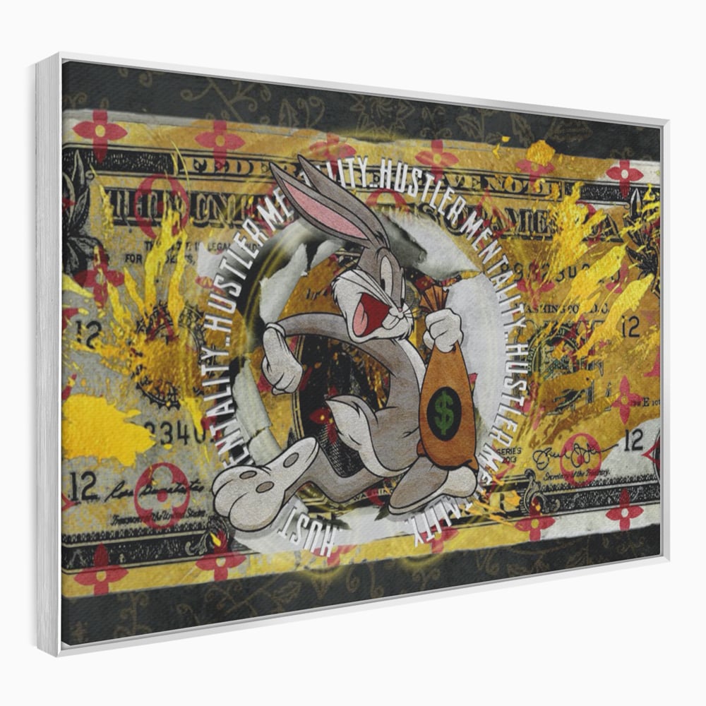 Tablou canvas cu tablou canvas cu dolar si bugs bunny, in rama de aluminiu argintiu